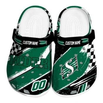 Saskatchewan Roughriders Clogs - Personalized Checkered Streaks Green Black