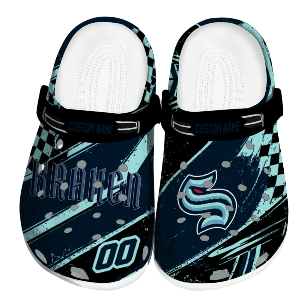 Seattle Kraken Clogs - Custom Checkered Streaks Blue Black 1 seattle kraken clog customized checkered streaks blue black best selling