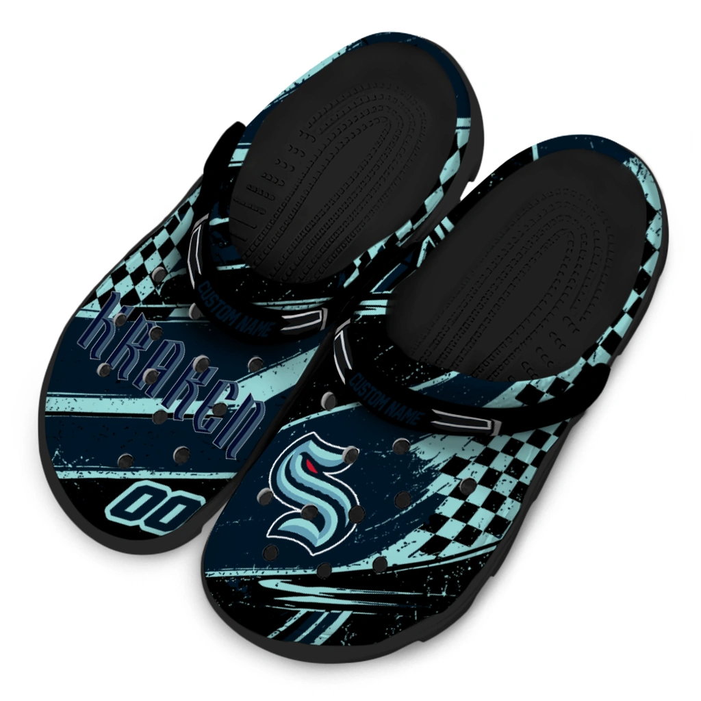 Seattle Kraken Clogs - Custom Checkered Streaks Blue Black 4