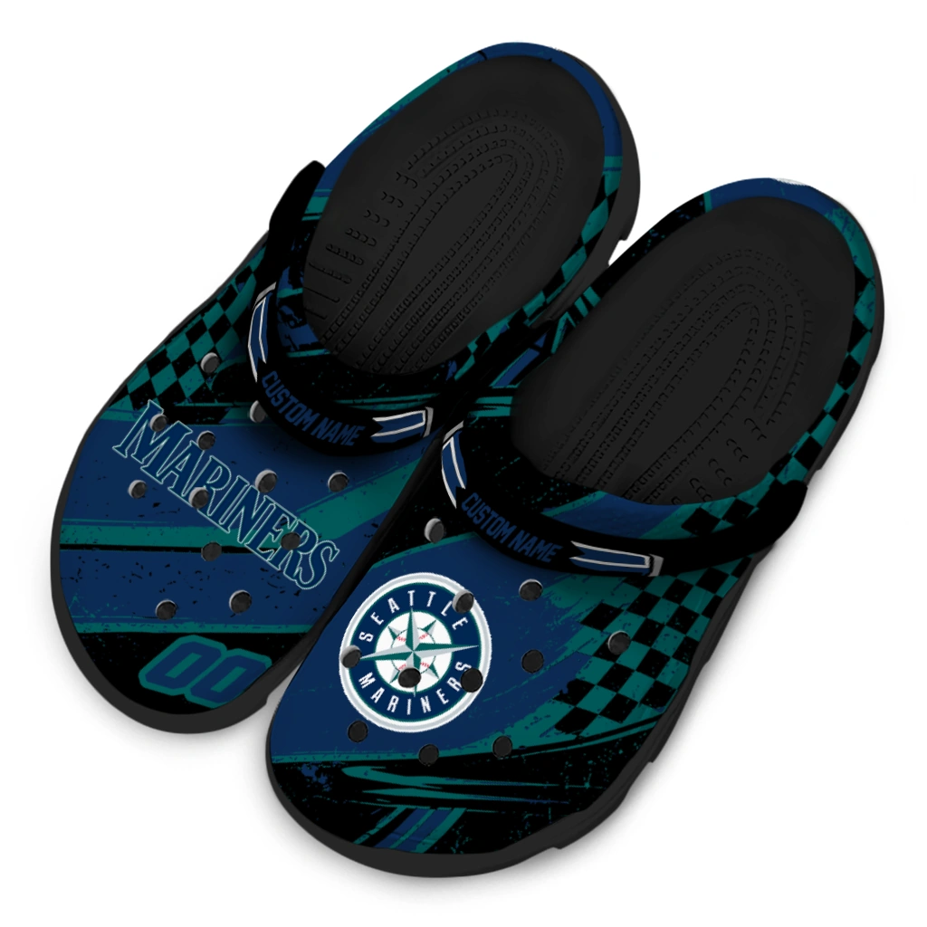 Seattle Mariners Clogs - Customized Checkered Streaks Navy Blue Black 4