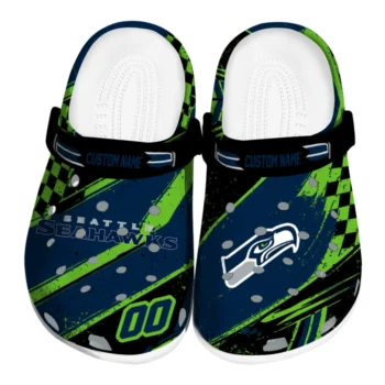 Seattle Seahawks Clogs - Personalized Checkered Streaks Blue Black