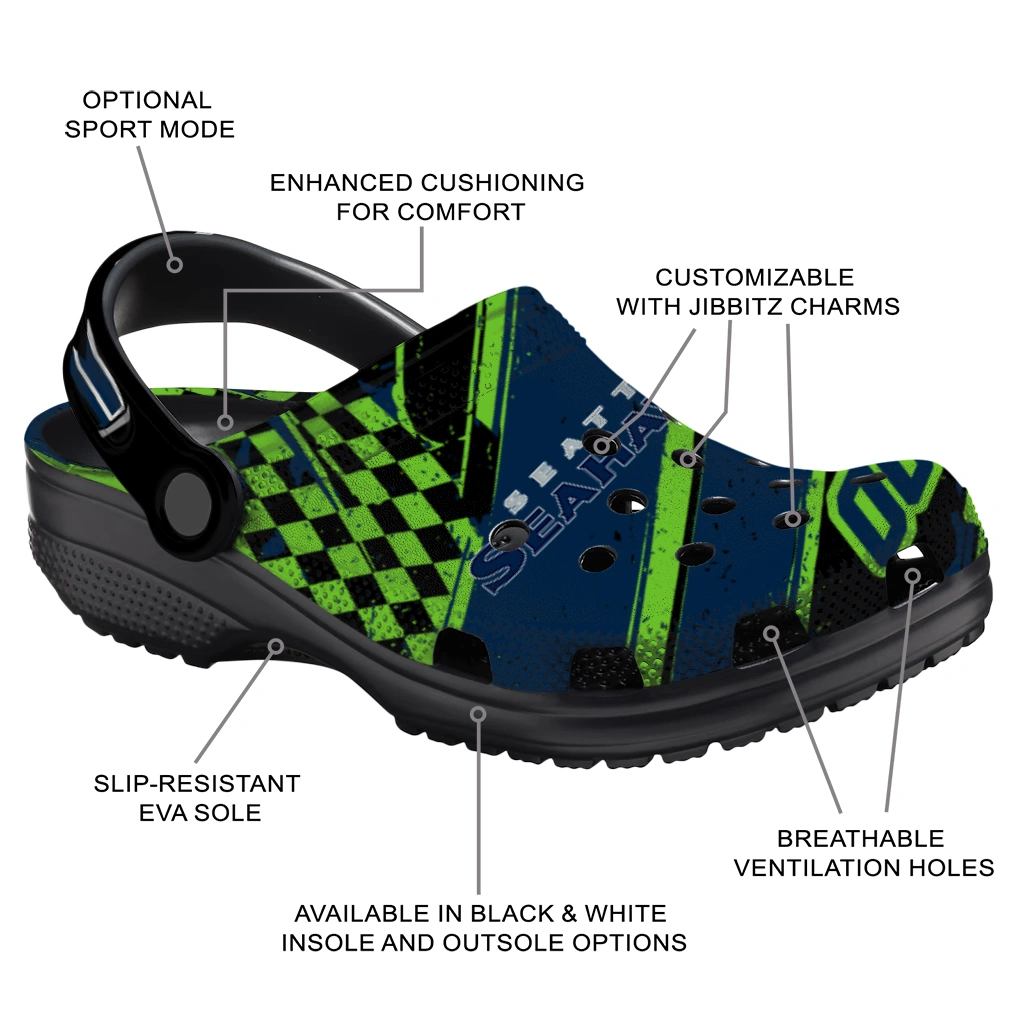 Seattle Seahawks Clogs - Personalized Checkered Streaks Blue Black 5