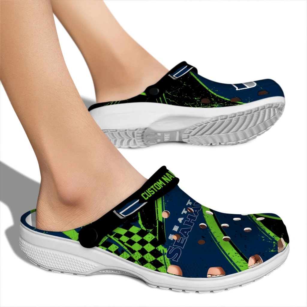 seattle-seahawks-clog-personalized-checkered-streaks-blue-black-fashion-forward.webp