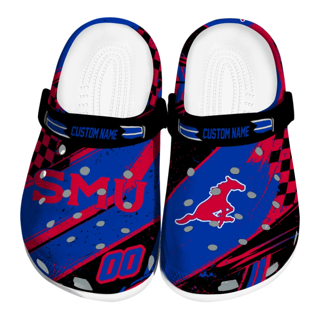 SMU Mustangs Clogs - Customized Circuit Geometry Blue Black 1 smu mustangs clog customized checkered streaks blue black best selling 1