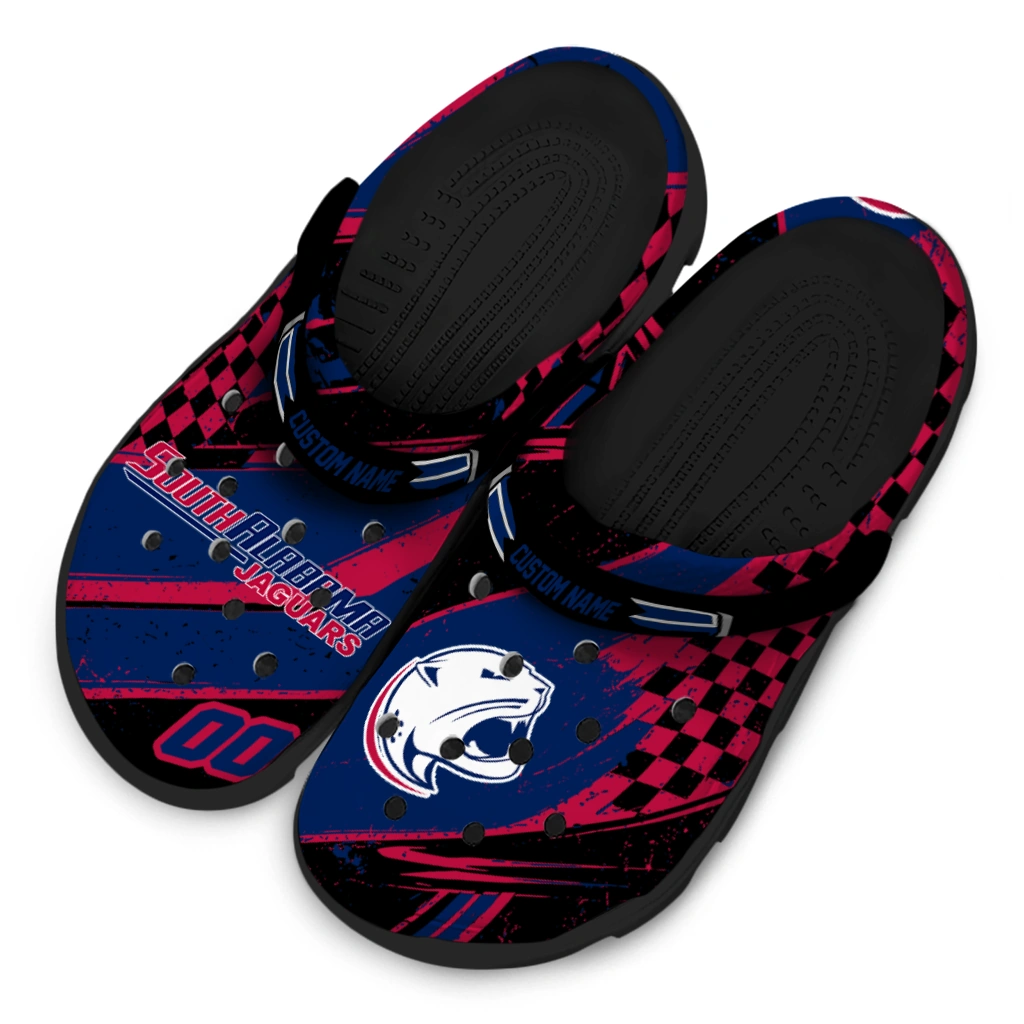 South Alabama Jaguars Clogs - Personalized Checkered Streaks Blue Black 4