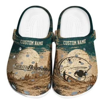 South Alabama Jaguars Clogs - Custom Cracked Landscape Fir Green Beige