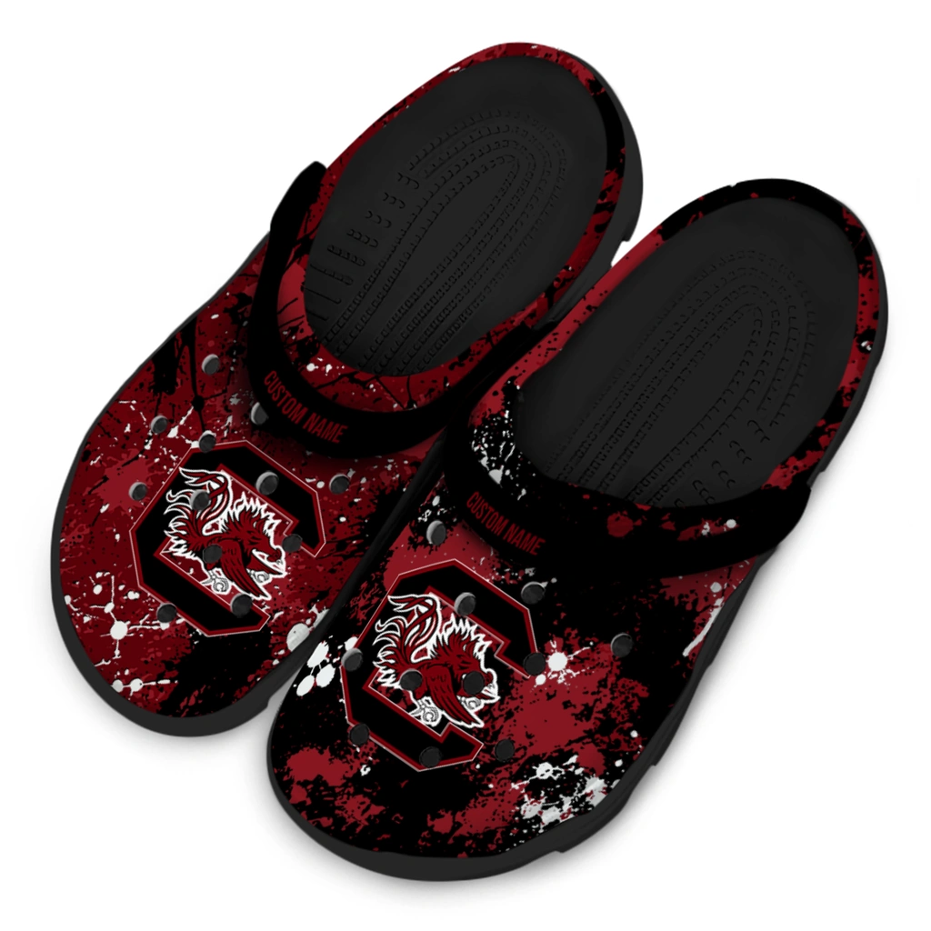 south-carolina-gamecocks-clog-personalized-splatter-splash-garnet-black-latest-model.webp