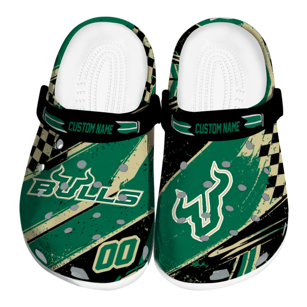 South Florida Bulls Clogs - Customized Circuit Geometry Green Black 1 south florida bulls clog customized checkered streaks green black best selling 1