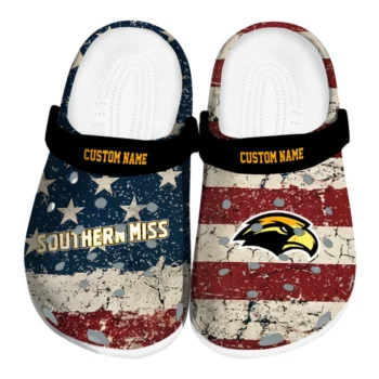 Southern Miss Golden Eagles Clogs - Personalized Distressed Stripes Black Red Blue