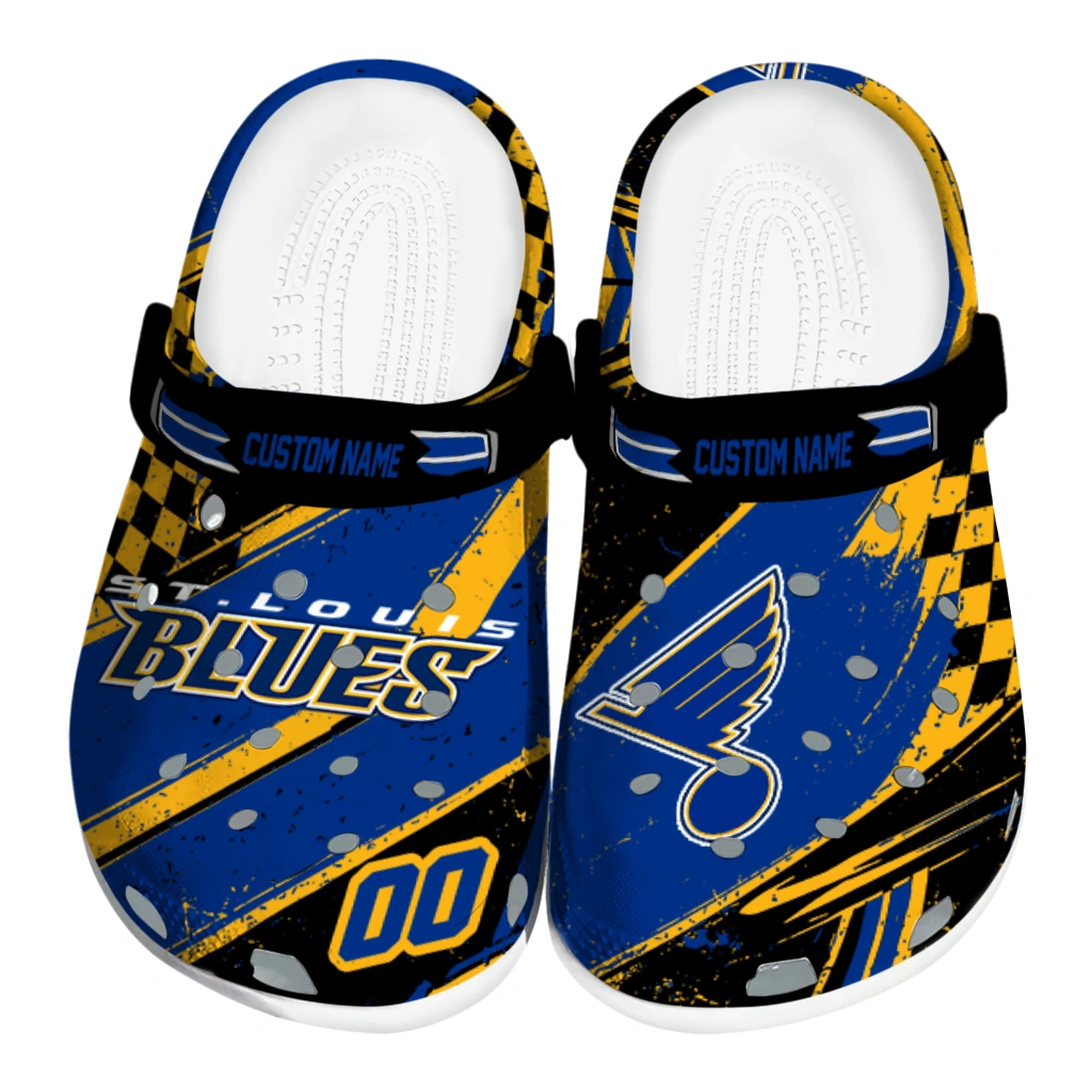St. Louis Blues Clogs - Personalized Circuit Geometry Blue Black 1 st louis blues clog personalized checkered streaks blue black best selling 1