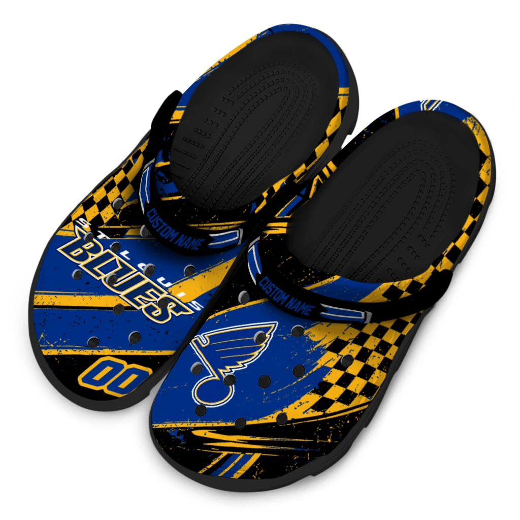 St. Louis Blues Clogs - Customized Checkered Streaks Blue Black 4