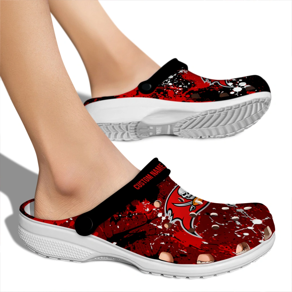 tampa-bay-buccaneers-clog-personalized-splatter-splash-red-black-fashion-forward.webp