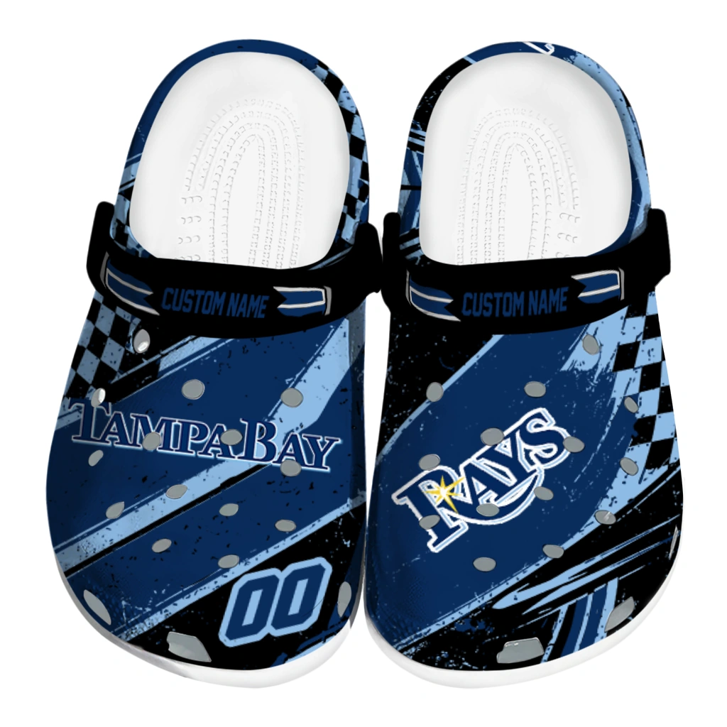 Tampa Bay Rays Clogs - Customized Circuit Geometry Navy Black 1 tampa bay rays clog customized checkered streaks navy black best selling 1