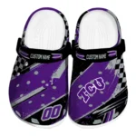 TCU Horned Frogs Clogs - Customized Checkered Streaks Purple Black 1 tcu-horned-frogs-clog-customized-checkered-streaks-purple-black-best-selling.webp