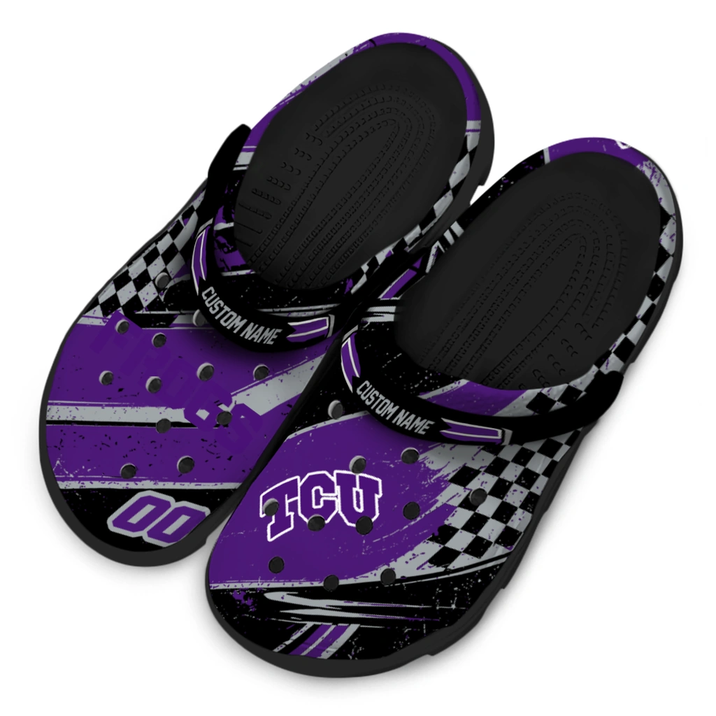 tcu-horned-frogs-clog-customized-checkered-streaks-purple-black-latest-model.webp