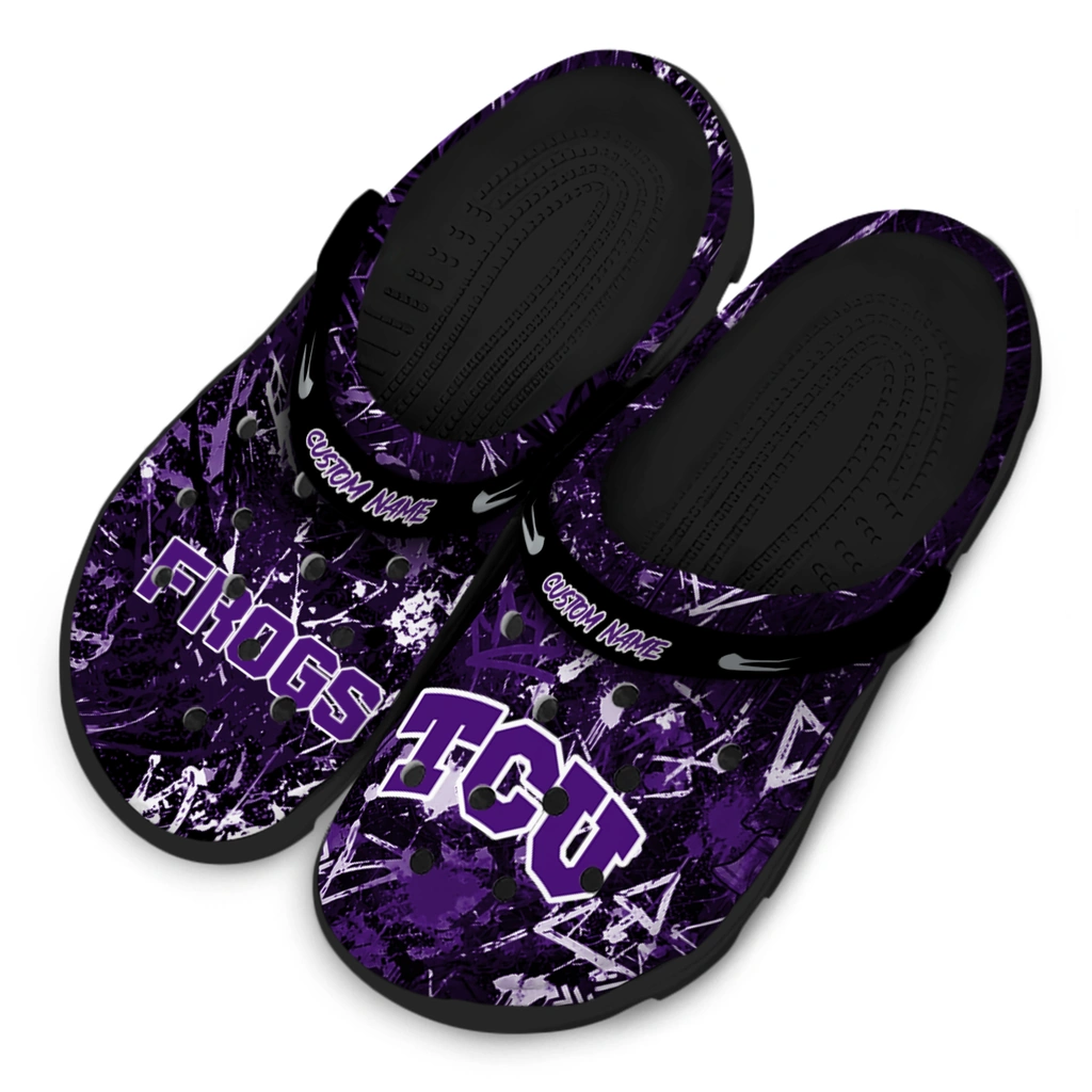 tcu-horned-frogs-clog-customized-graffiti-burst-purple-black-latest-model.webp