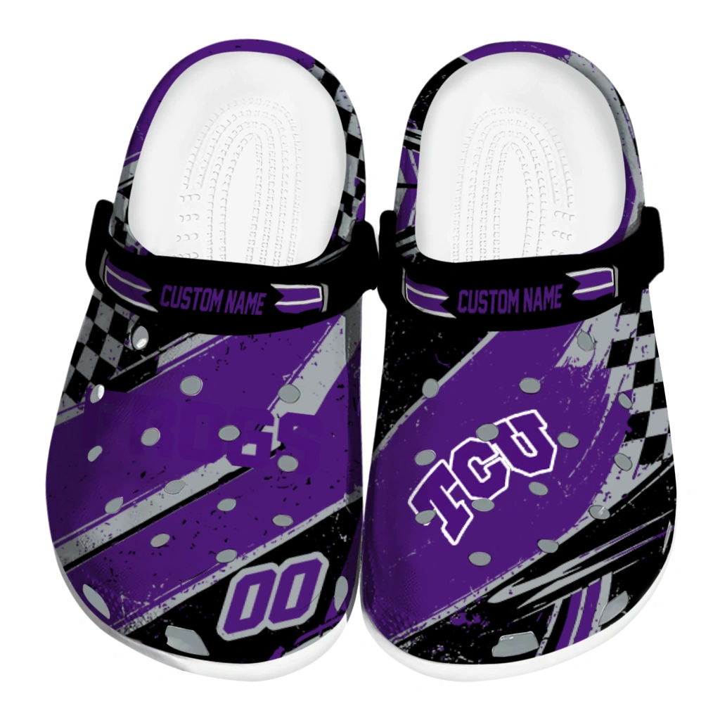 TCU Horned Frogs Clogs - Customized Checkered Streaks Purple Black 1 tcu horned frogs clog personalized checkered streaks purple black best selling