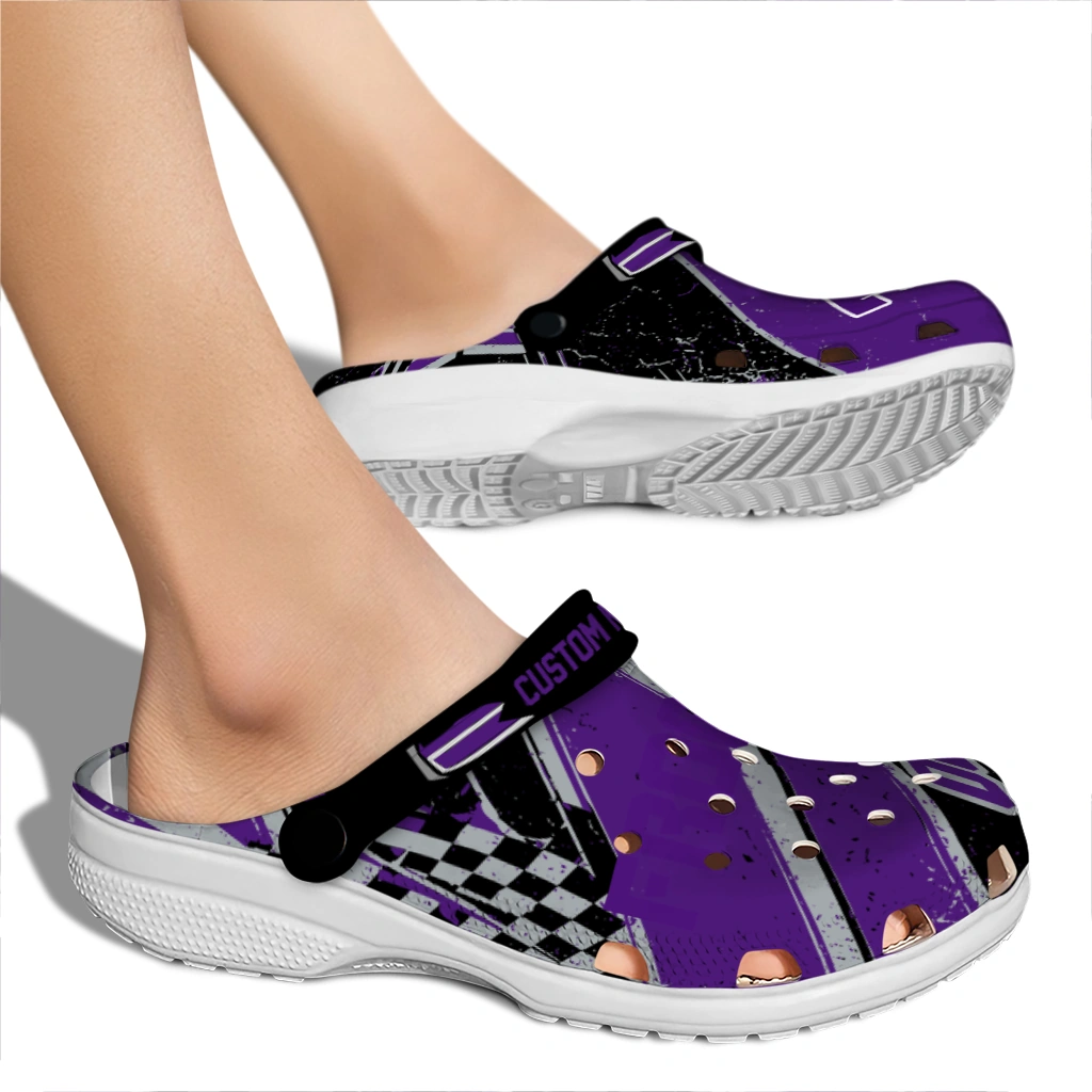 TCU Horned Frogs Clogs - Customized Checkered Streaks Purple Black 2