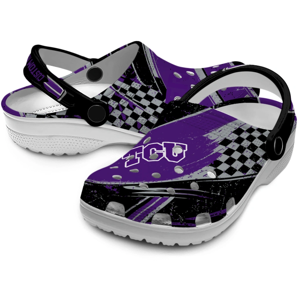 TCU Horned Frogs Clogs - Customized Checkered Streaks Purple Black 3