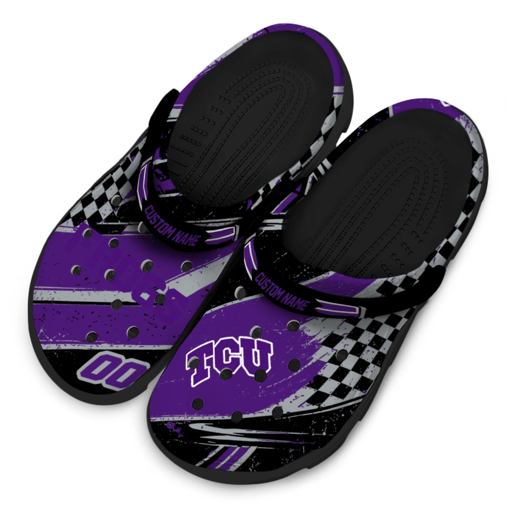 TCU Horned Frogs Clogs - Customized Checkered Streaks Purple Black 4