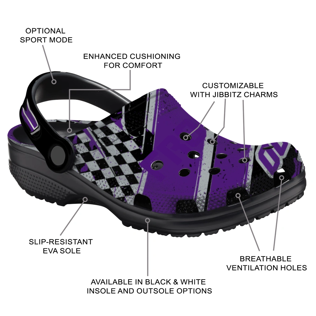 TCU Horned Frogs Clogs - Customized Checkered Streaks Purple Black 5