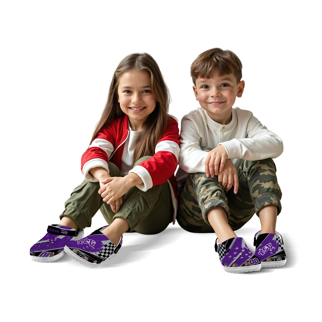 TCU Horned Frogs Clogs - Customized Checkered Streaks Purple Black 8