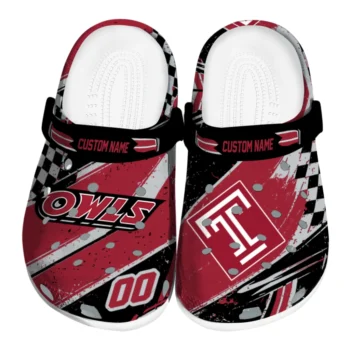 Temple Owls Clogs - Customized Checkered Streaks Red Black