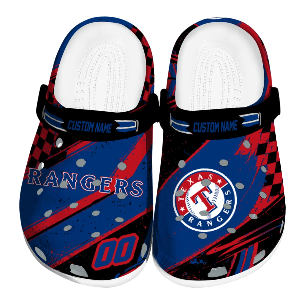 Texas Rangers Clogs - Personalized Circuit Geometry Blue Black 1 texas rangers clog personalized checkered streaks blue black best selling 1
