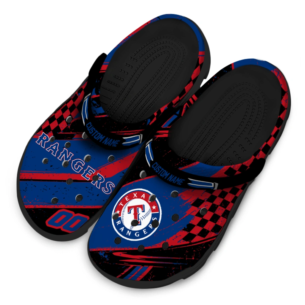 Texas Rangers Clogs - Customized Checkered Streaks Blue Black 4