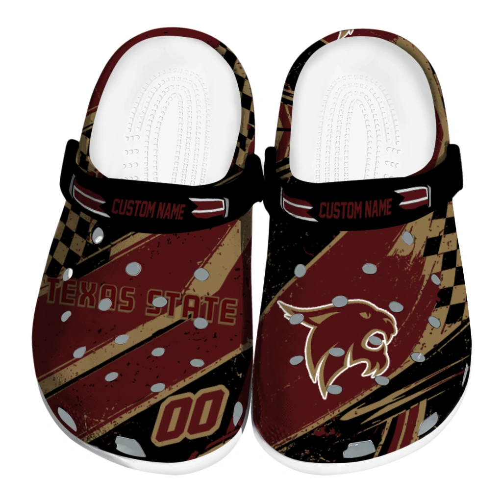 Texas State Bobcats Clogs - Customized Circuit Geometry Maroon Black 1 texas state bobcats clog customized checkered streaks maroon black best selling 1
