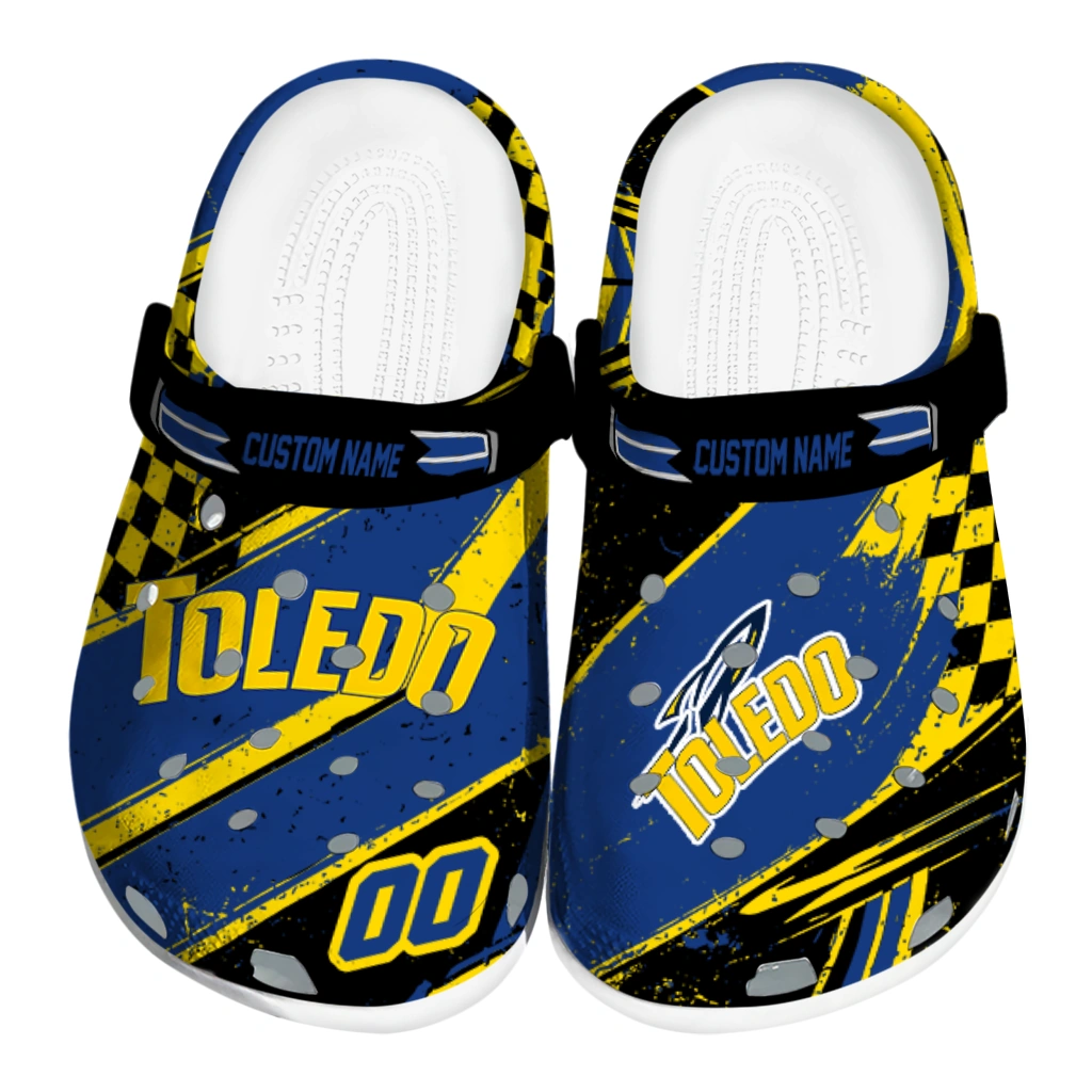 Toledo Rockets Clogs - Custom Checkered Streaks Blue Black 1 toledo rockets clog customized checkered streaks blue black best selling