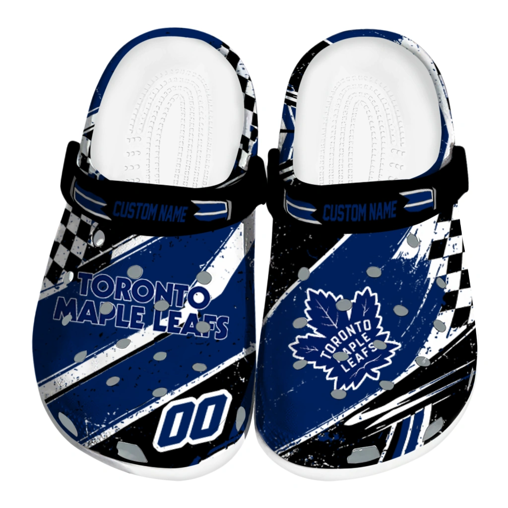 Toronto Maple Leafs Clogs - Custom Checkered Streaks Blue Black 1 toronto maple leafs clog customized checkered streaks blue black best selling