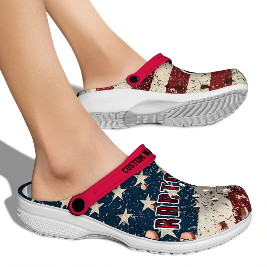 toronto-raptors-clog-customized-distressed-stripes-red-blue-fashion-forward.webp