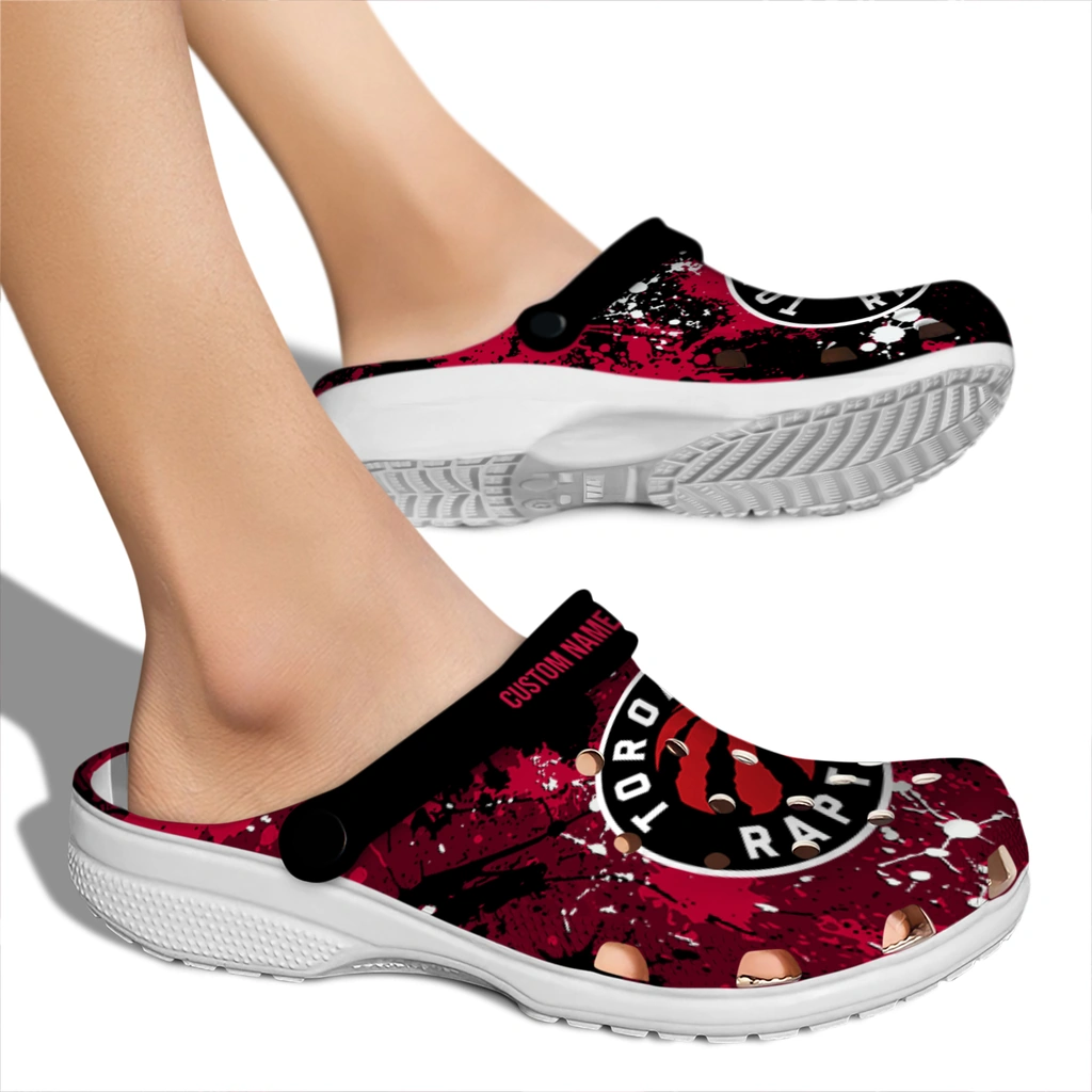 toronto-raptors-clog-personalized-splatter-splash-red-black-fashion-forward.webp