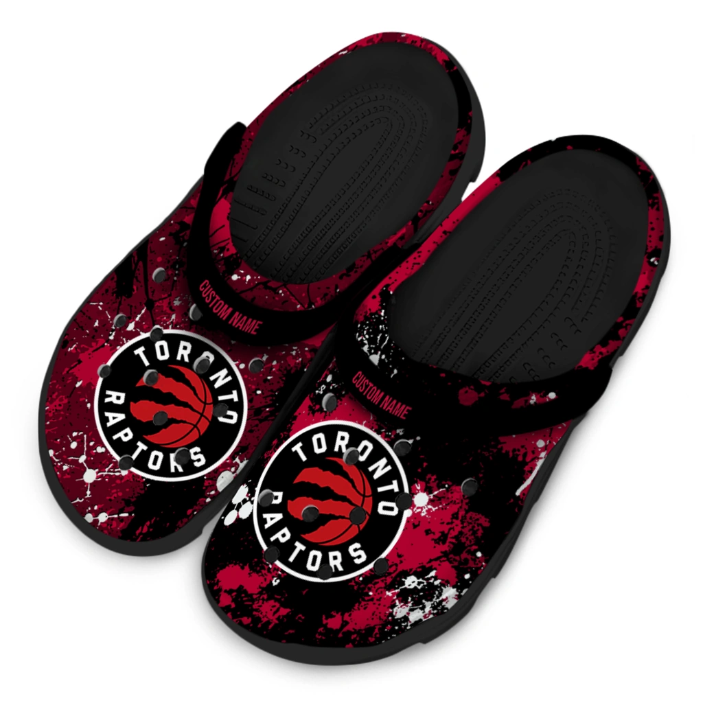 toronto-raptors-clog-personalized-splatter-splash-red-black-latest-model.webp