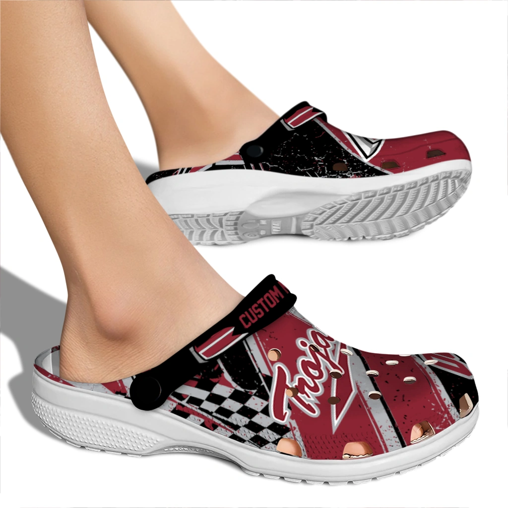 Troy Trojans Clogs - Personalized Checkered Streaks Red Black 2