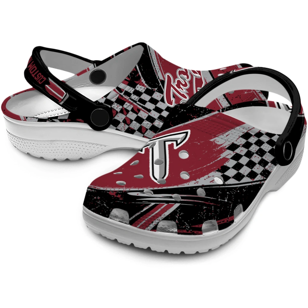 Troy Trojans Clogs - Personalized Checkered Streaks Red Black 3