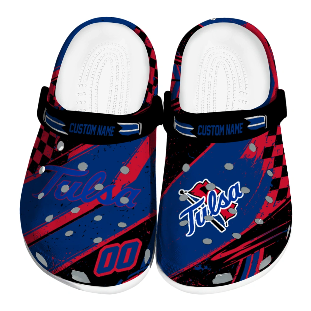 Tulsa Golden Hurricane Clogs - Custom Checkered Streaks Blue Black 1 tulsa golden hurricane clog customized checkered streaks blue black best selling