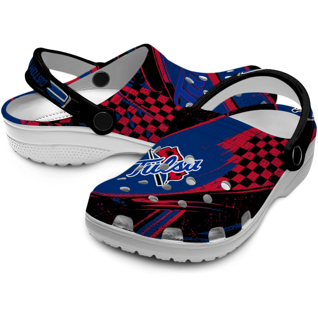 Tulsa Golden Hurricane Clogs - Custom Checkered Streaks Blue Black 3