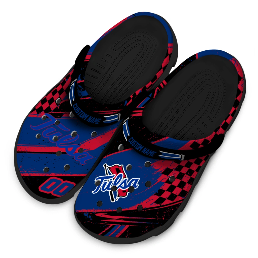 Tulsa Golden Hurricane Clogs - Custom Checkered Streaks Blue Black 4