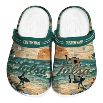 Tulsa Golden Hurricane Clogs - Personalized Wave Scene Fir Green