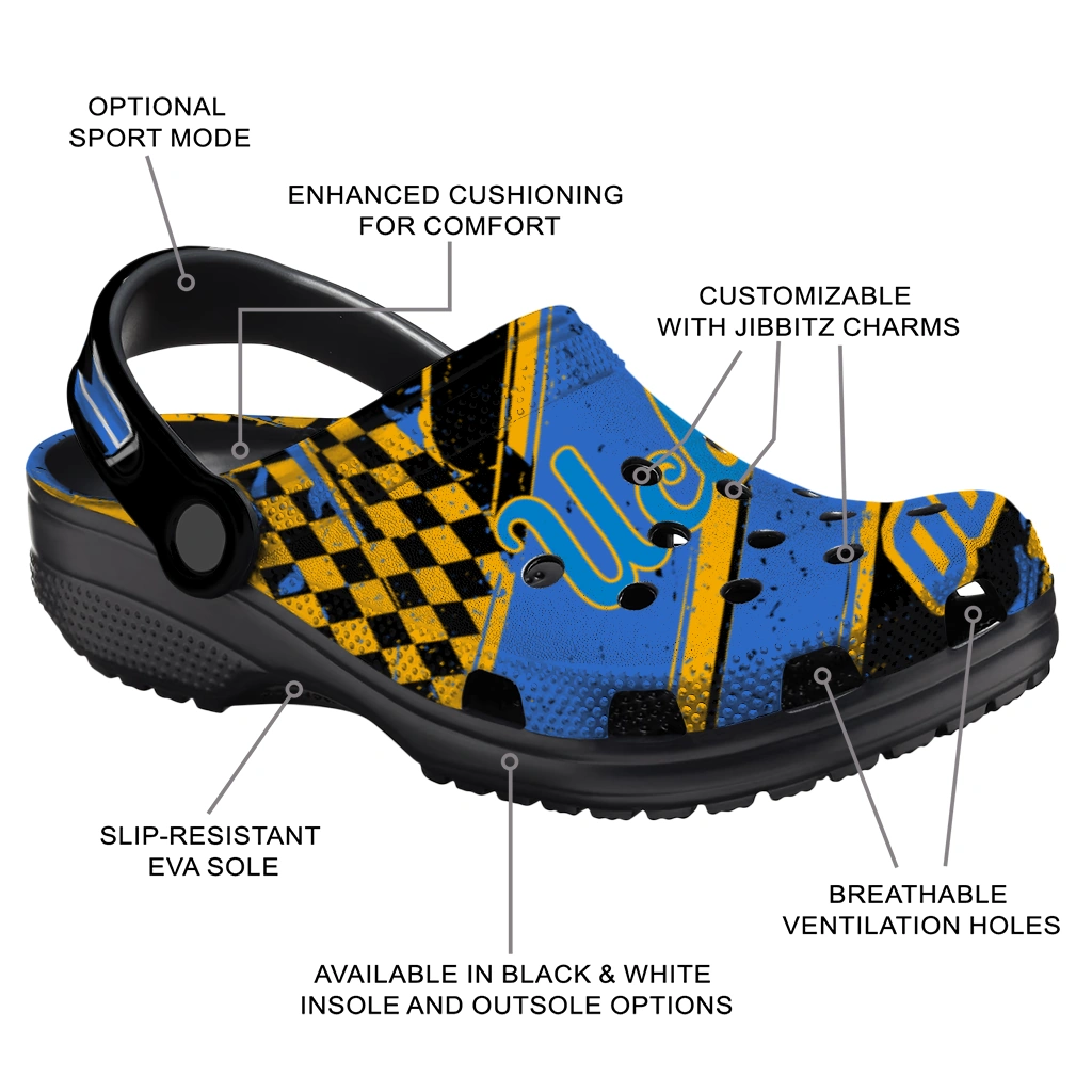 UCLA Bruins Clogs - Customized Checkered Streaks Blue Black 5