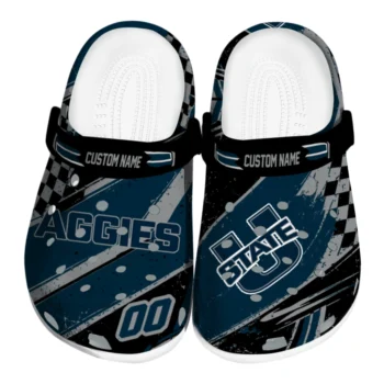 Utah State Aggies Clogs - Personalized Checkered Streaks Navy Black