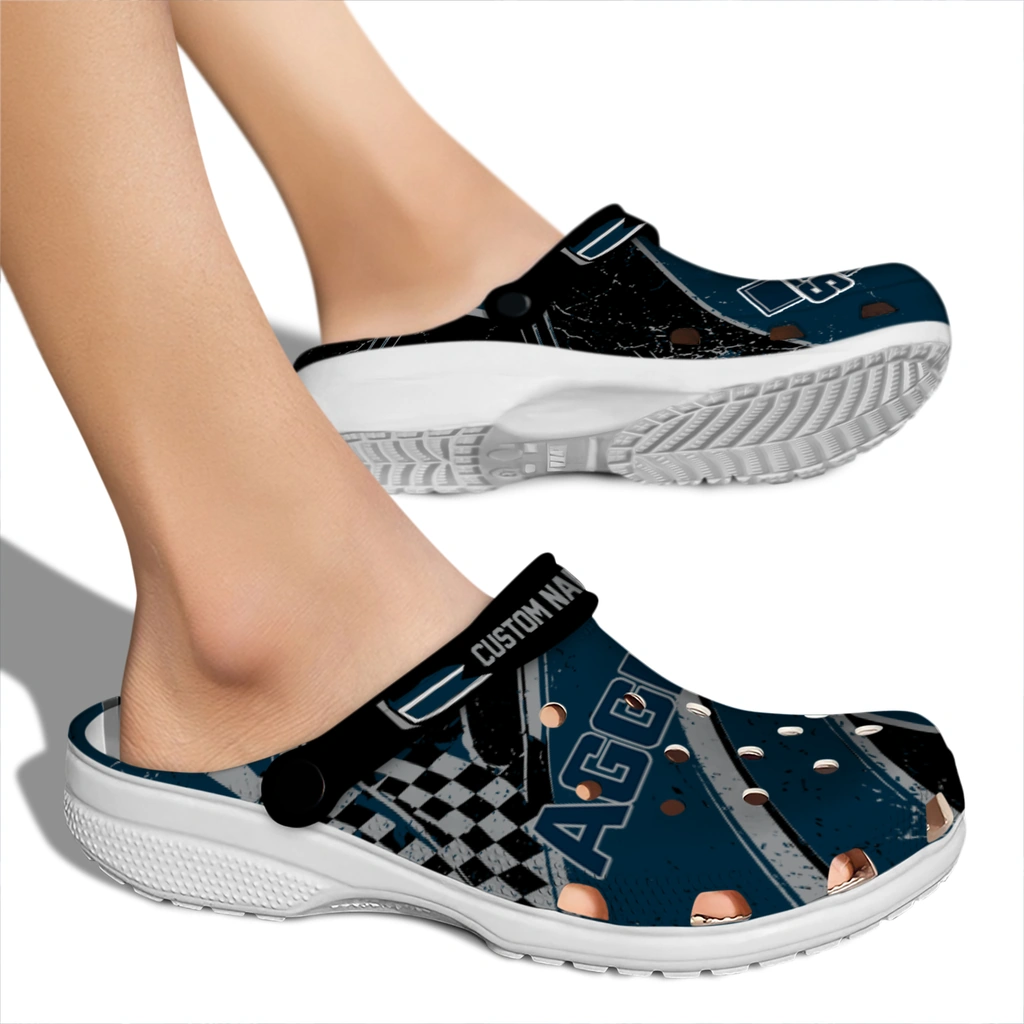 utah-state-aggies-clog-personalized-checkered-streaks-navy-black-fashion-forward.webp