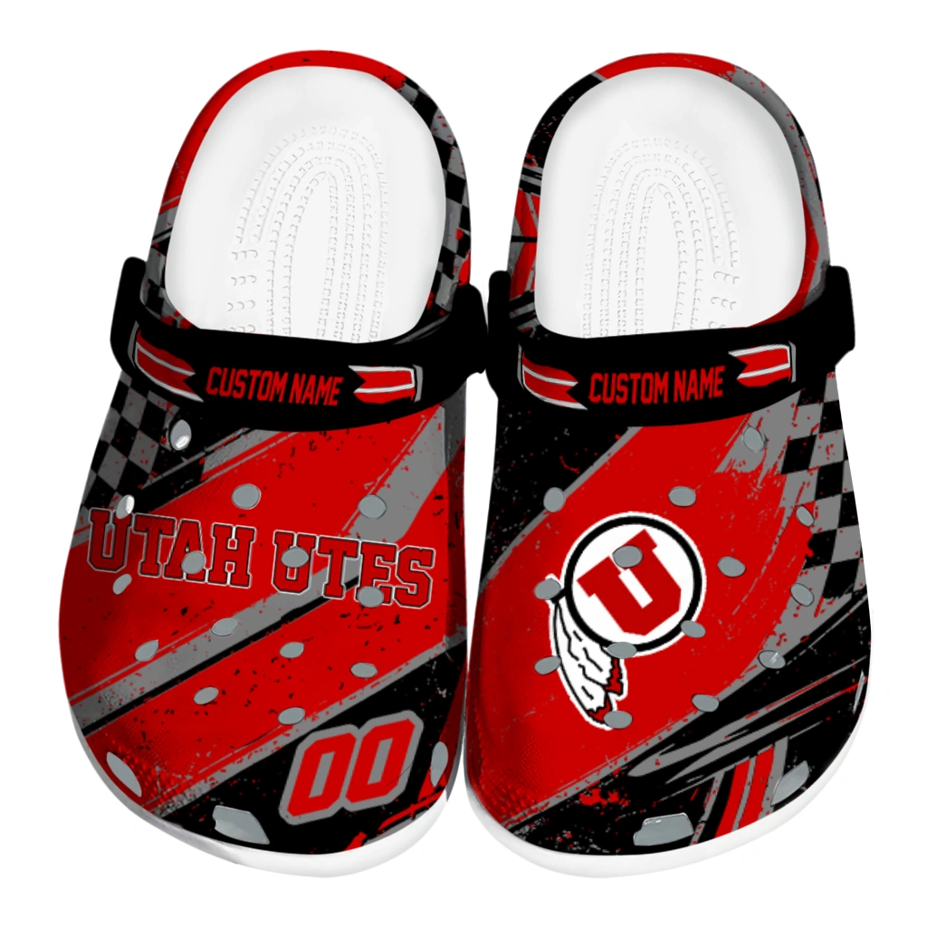 Utah Utes Clogs - Custom Checkered Streaks Red Black 1 utah utes clog customized checkered streaks red black best selling