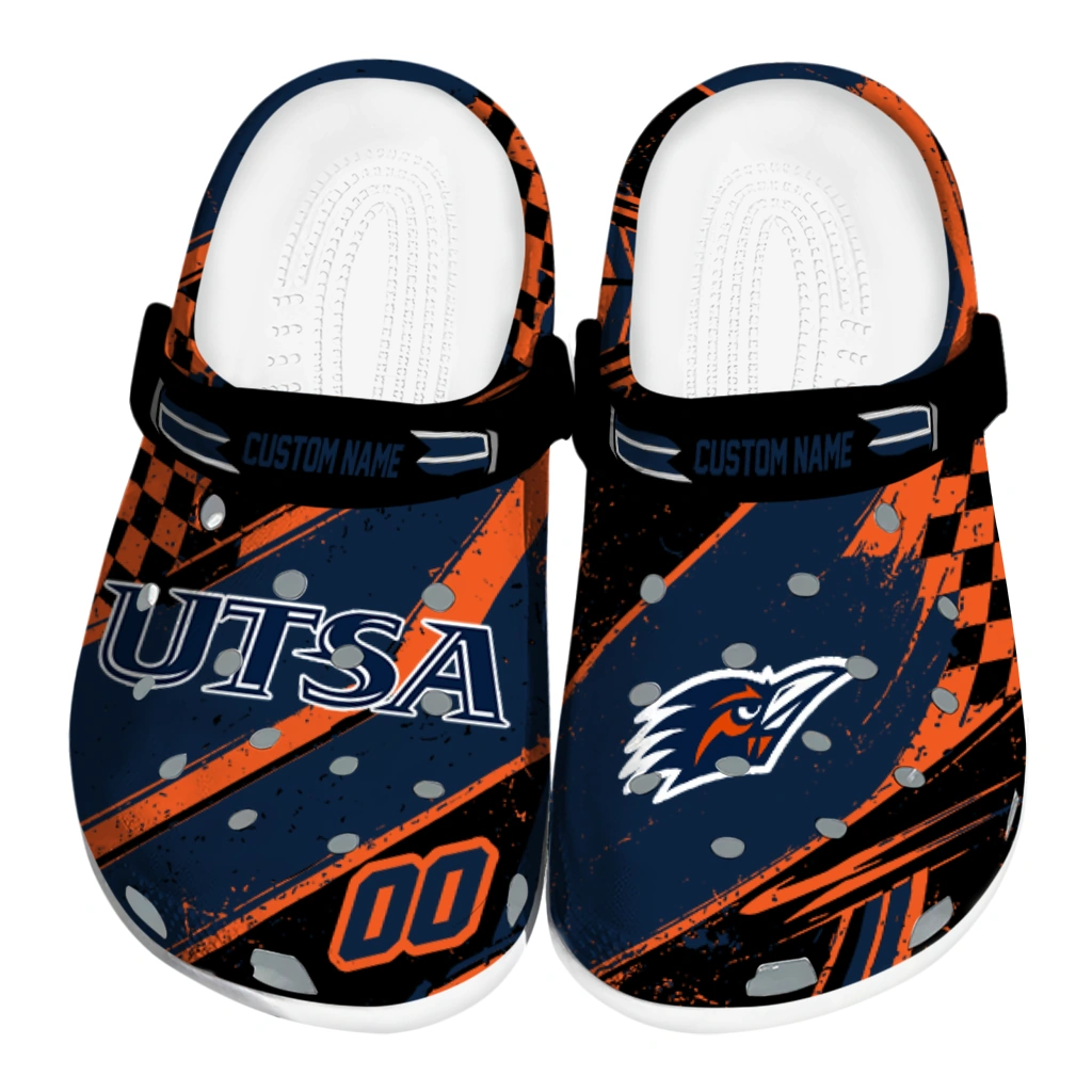 UTSA Roadrunners Clogs - Customized Checkered Streaks Orange Black 1 utsa roadrunners clog personalized checkered streaks orange black best selling