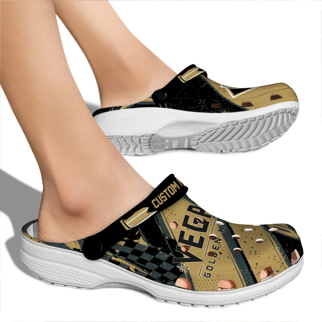 Vegas Golden Knights Clogs - Custom Circuit Geometry Tan Black 2