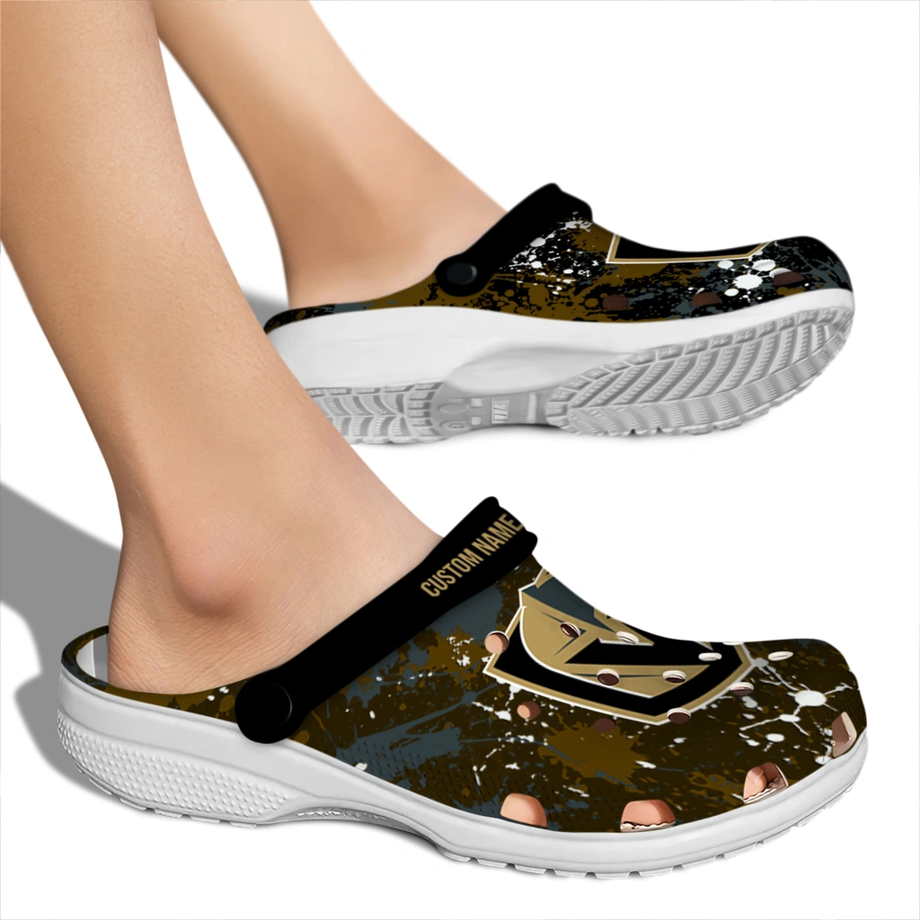 vegas-golden-knights-clog-customized-splatter-splash-tan-black-fashion-forward.webp