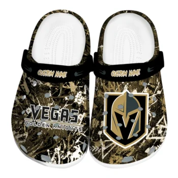 Vegas Golden Knights Clogs - Personalized Graffiti Burst Tan Black