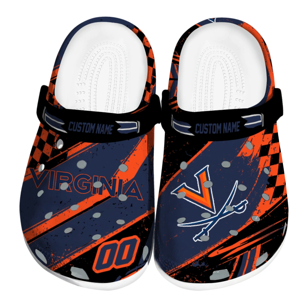 Virginia Cavaliers Clogs - Personalized Checkered Streaks Blue Black 1 virginia cavaliers clog custom checkered streaks blue black best selling